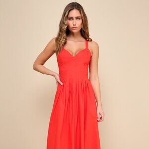 Lulus Strolling Sicily Red Pleated Backless Midi Dress With Pockets - Size S